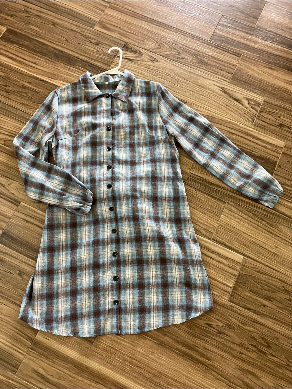 Long Sleeve Plaid Flannel Shirt Dress in Blue and Brown